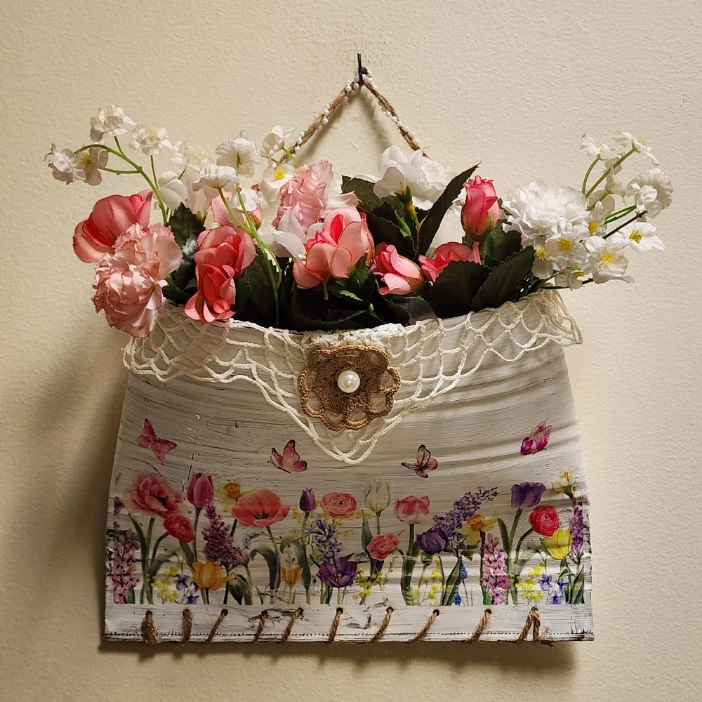 Hand Crafted One Of A Kind Cottage Core Farmhouse Floral Tin Can Wall Pocket